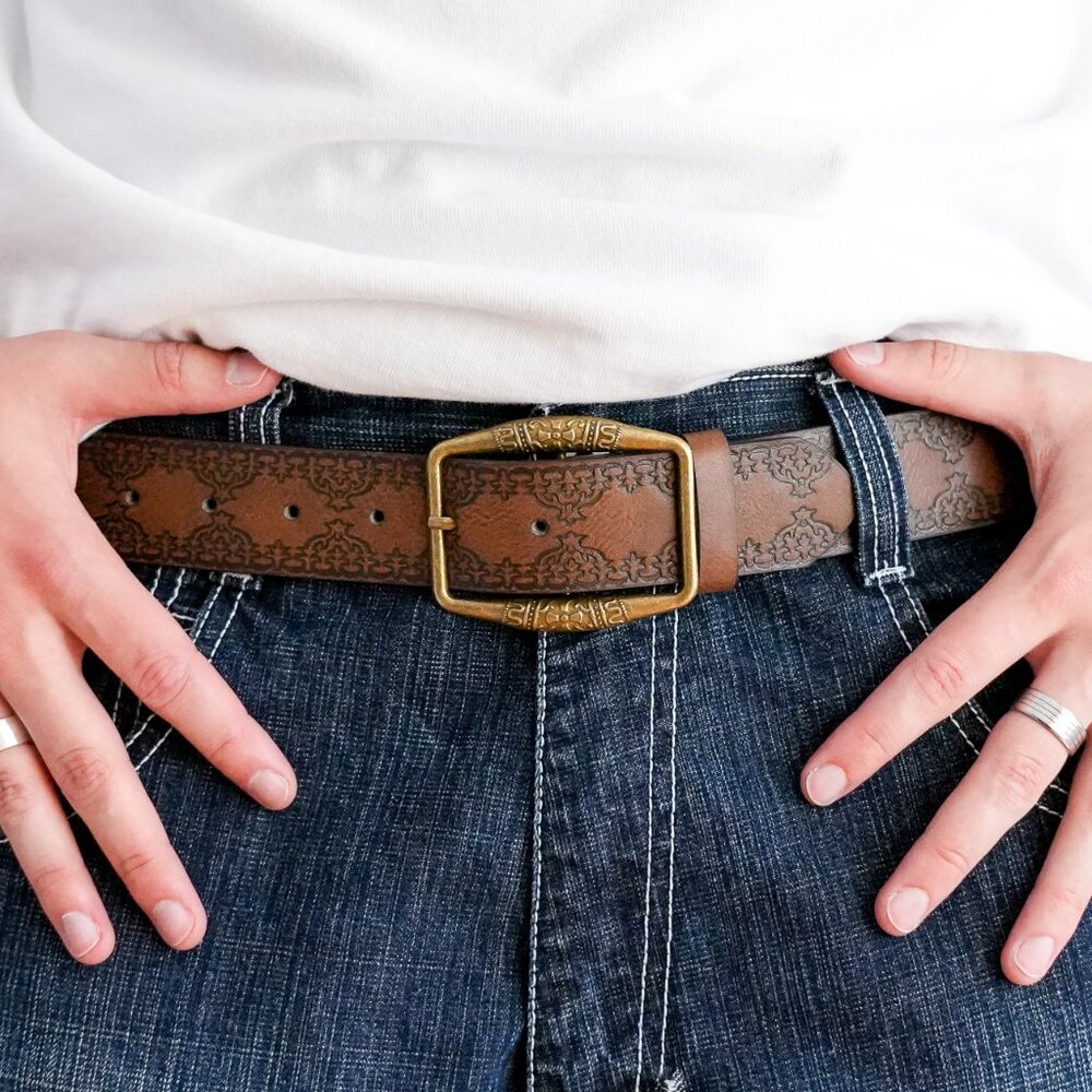 y2k vintage brown engraved brass buckle western belt